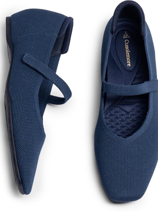 Women Navy BlueKnit Square Toe Arch Support and Concealed Low Wedge Ballet Flats - Picture 4 of 8